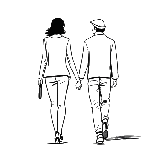 Desenho em arte linear de um homem e uma mulher representando Tyga e Kylie Jenner, caminhando juntos