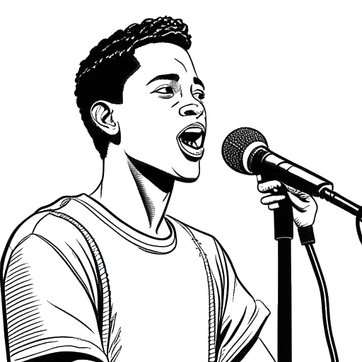 Disegno in arte lineare di un giovane raffigurante Tyga, che tiene un microfono e un CD intitolato 'No Introduction'