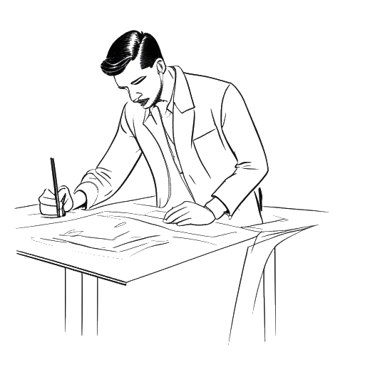 Line art drawing of a man representing Tyga, designing clothes
