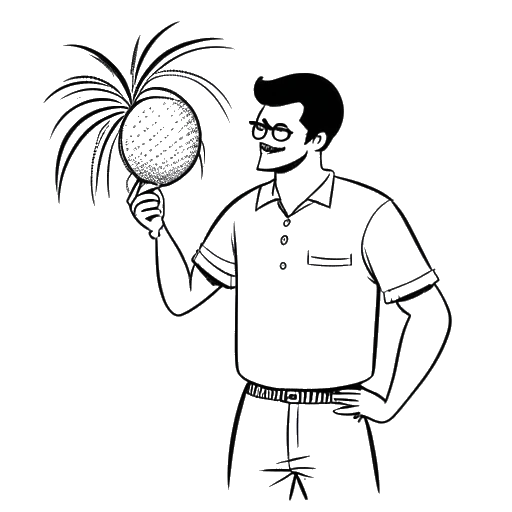 Lijntekening van een man die Tyga vertegenwoordigt, met een kokosnoot en een Billboard-chart