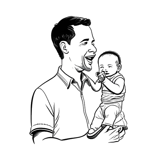 Line art drawing of a man representing Tyga, holding a baby and a microphone