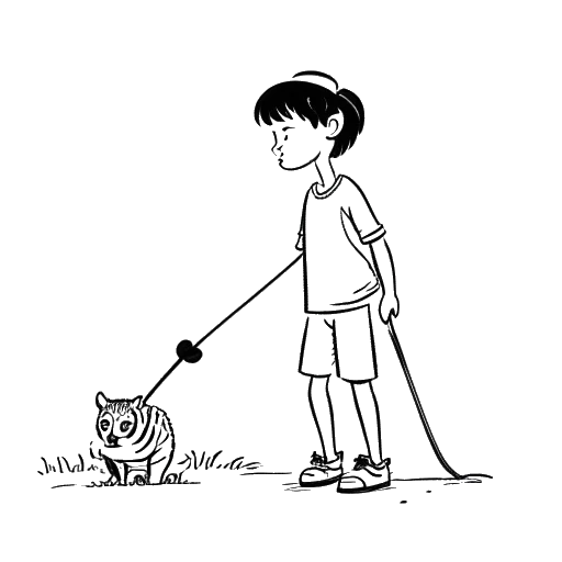Line art drawing of a boy representing Tyga, with a golf club, being called 'Tiger' by his mother