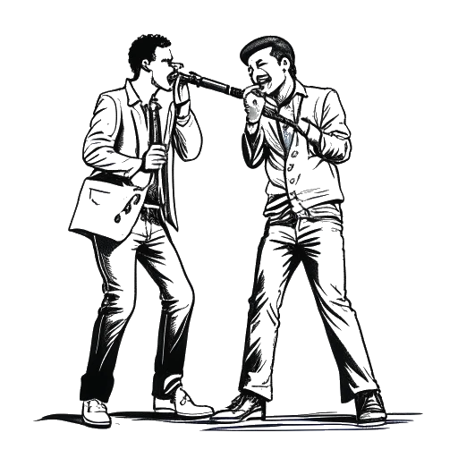 Line art drawing of two men representing Tyga and Offset, performing together on stage
