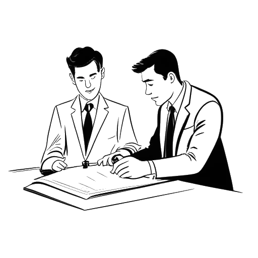 Line art drawing of a young man representing Tyga, signing a contract with a record label executive