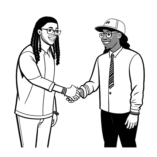 Lijntekening van een man die Tyga vertegenwoordigt, die handen schudt met Lil Wayne, beiden met contracten in de hand