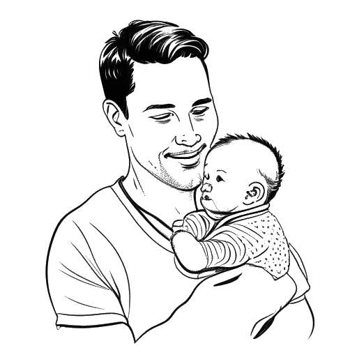 Line art drawing of a man representing Tyga, holding a baby