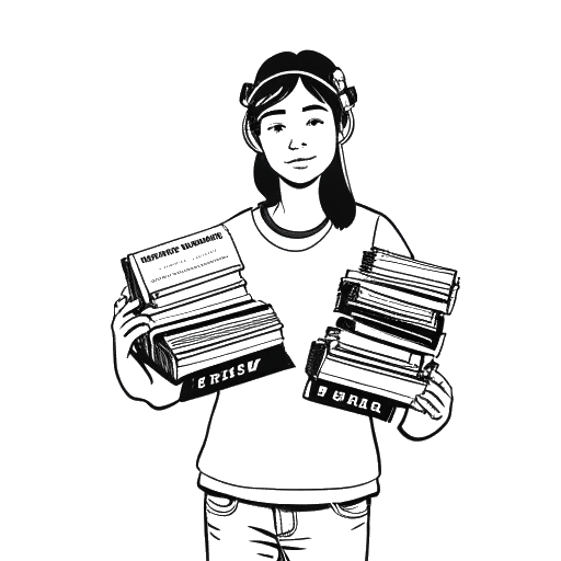 Line art drawing of a teenager representing Tyga, holding a stack of mixtapes and demo tapes