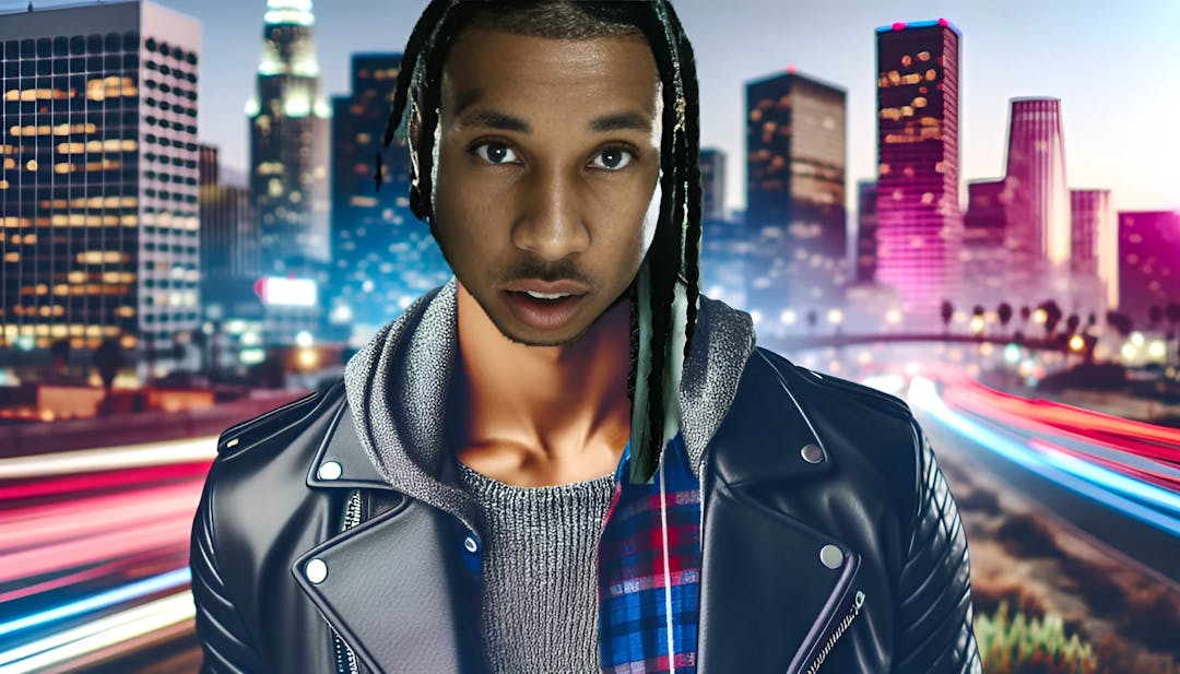 Tyga, a charismatic and stylish artist with a bald head and dark skin tone, looking straight into the camera against a vibrant cityscape backdrop. He wears a fashionable urban outfit, exuding confidence and energy.