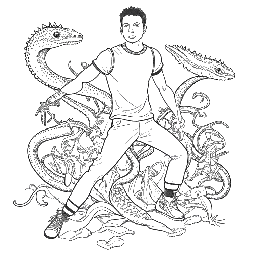 Strichzeichnung eines Mannes, der Julienco (Julian Claßen) darstellt, umgeben von Geckos, die seine Tierliebe trotz Allergie zeigen, und ihn in einer sportlichen Kleidung zeigen, die seine abenteuerliche Seite illustriert, auf einem weißen Hintergrund.