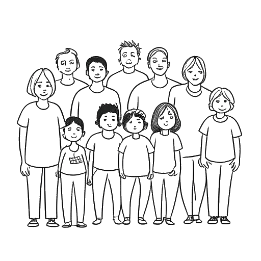 Strichzeichnung einer Familie, die Juliencos Familie mit vier Geschwistern und ihren Eltern repräsentiert