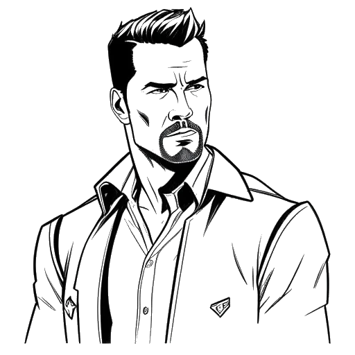 Line art drawing of a man, representing Ryan Reynolds, as he gains recognition through acting roles like Van Wilder and Blade: Trinity, later becoming famous for portraying Deadpool