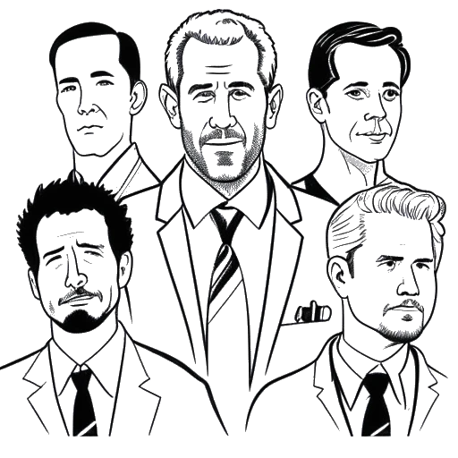 Desenho de arte linear de um homem, incorporando Ryan Reynolds em seus famosos personagens de filme e negócios. A ilustração retrata suas diversas fontes de receita e escolhas de carreira versáteis em meio a um cenário em preto e branco.