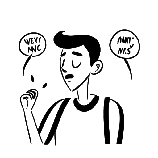 Desenho em arte linear de Ryan Reynolds com uma expressão pensativa, segurando um balão de fala com a palavra 'ansiedade'