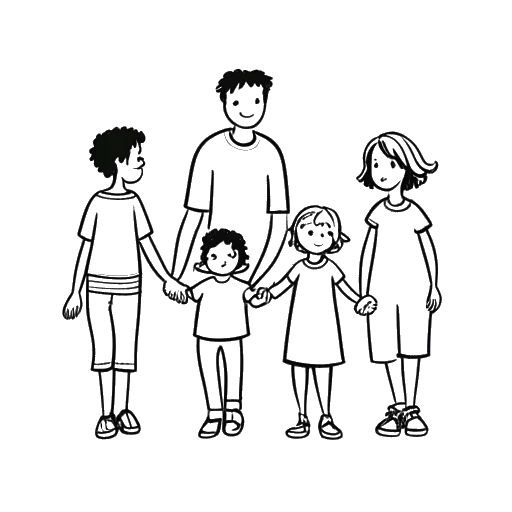 Desenho em arte linear de Ryan Reynolds e Blake Lively com seus quatro filhos