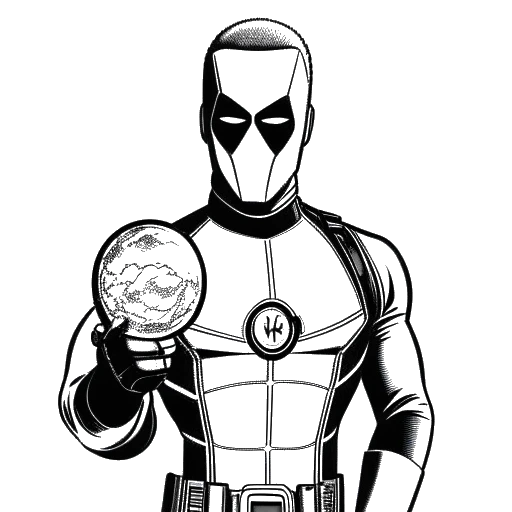 Line art drawing of Ryan Reynolds holding a Golden Globe award for his role in Deadpool