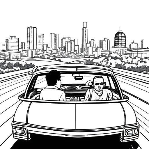 Line art drawing of a young Ryan Reynolds and his friend driving towards the Los Angeles skyline