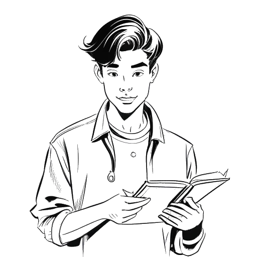 Line art drawing of a young Ryan Reynolds in a 90's outfit, holding a script on the set of the Canadian soap opera Hillside
