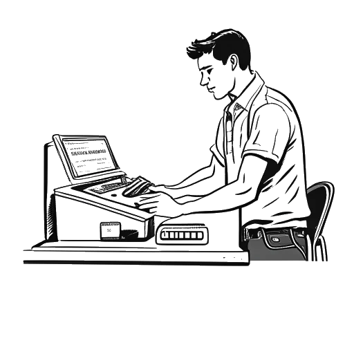 Line art drawing of a young Ryan Reynolds working at a supermarket cash register late at night
