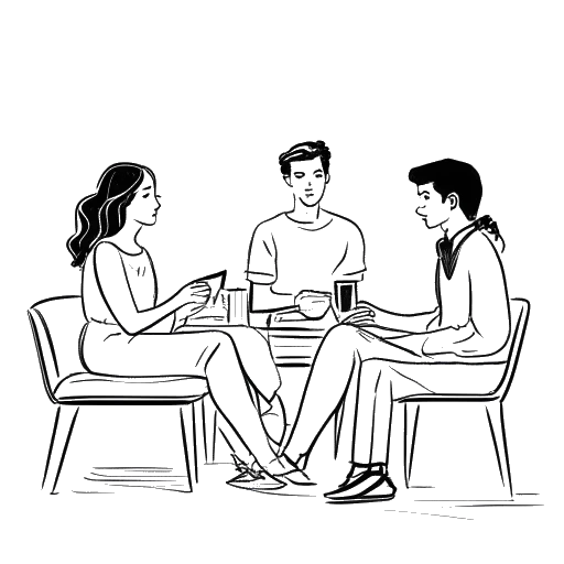 Disegno in stile line art di Ryan Reynolds e Taylor Swift seduti insieme, con le sue tre figlie che giocano sullo sfondo