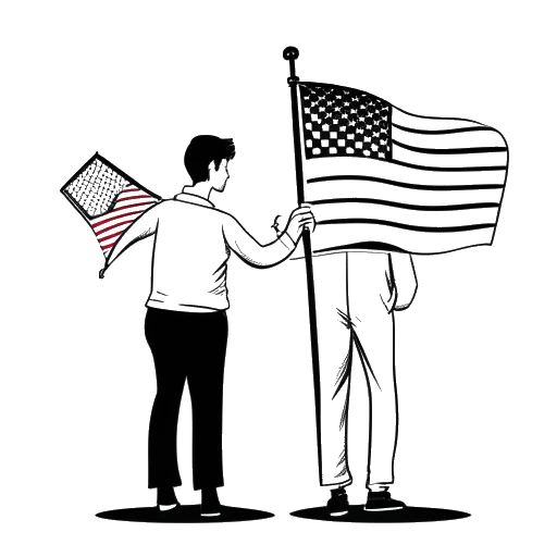 Line art drawing of Ryan Reynolds holding an American flag and a Canadian flag