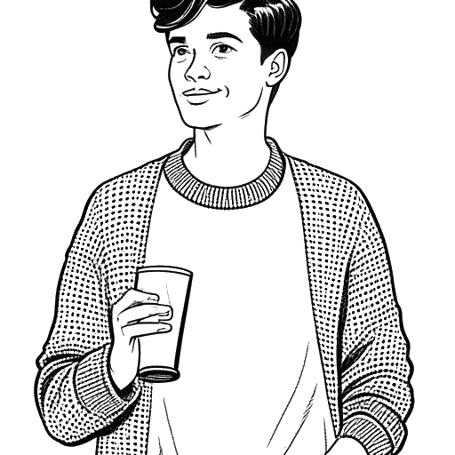 Desenho em arte linear de Ryan Reynolds como Van Wilder, segurando uma cerveja e vestindo um suéter universitário em uma festa