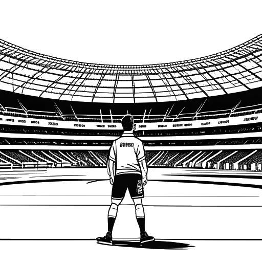 Line art drawing of Ryan Reynolds holding a football and standing in front of the Wrexham stadium