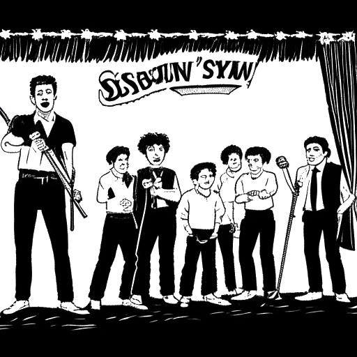 Line art drawing of Ryan Reynolds and his comedy improv group 'Yellow Snow' performing on stage