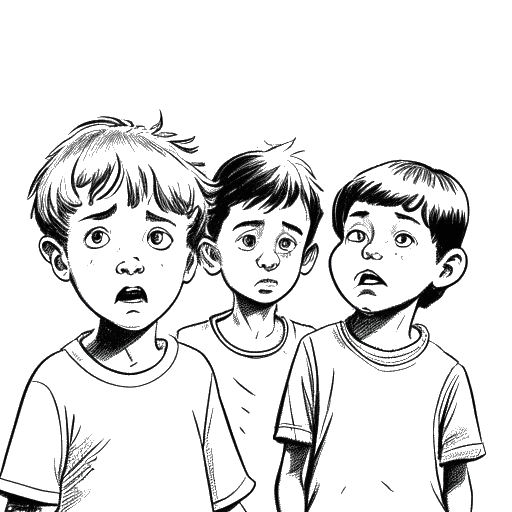 Lijn art tekening van een jonge Ryan Reynolds met een nerveuze uitdrukking, omringd door zijn drie oudere broers