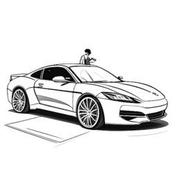 Arte de linha de um homem, representando Adin Ross, saindo de um carro esportivo de luxo em meio a flashes de câmeras, com elementos de um estúdio de música e presença nas redes sociais sutilmente incorporados.