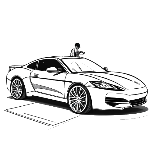One-line art of a man, representing Adin Ross, exiting a high-end sports car amid flashing cameras, with elements of a music studio and social media presence subtly incorporated.