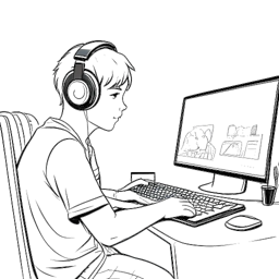 Desenho de linha de um jovem, representando Adin Ross, com um headset de jogo, engajado em uma transmissão em seu computador com um feed de chat o acompanhando, em um ambiente doméstico.