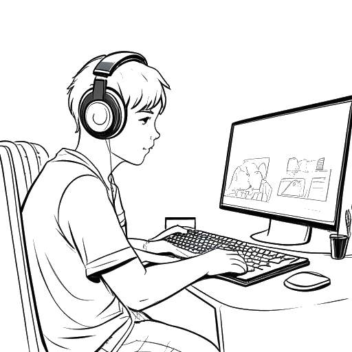 Line art drawing of a young man, representing Adin Ross, with a gaming headset, engaged in streaming at his computer with a chat feed accompanying him, inside a home setting.
