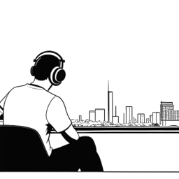Dessin en ligne d'un homme, représentant Adin Ross, regardant abattu par un avis 'Banni' sur son installation de diffusion, juxtaposé avec la ligne d'horizon de Los Angeles en arrière-plan.