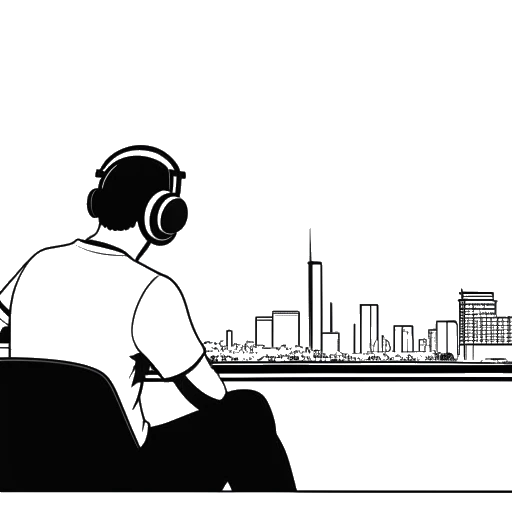 Desenho de linha de um homem, representando Adin Ross, olhando desanimado para um aviso de 'Banido' sobre sua configuração de transmissão, contrastando com o horizonte de Los Angeles ao fundo.