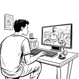 Schizzo in una linea di un uomo, rappresentante di Adin Ross, intento a giocare con entusiasmo a un videogioco di basket, con la collaborazione in-game visibile sul monitor, ambientato in un vivace ambiente di gioco.