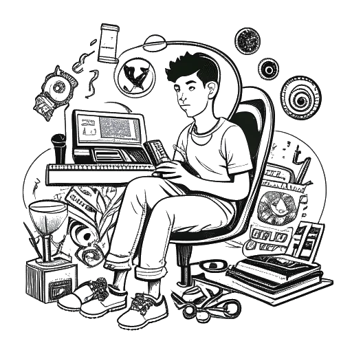 Desenho em arte linear de um homem representando Adin Ross em uma estação de jogos com um microfone, símbolos como uma bola de futebol, um logotipo 'K' e uma nota musical representam a diversidade de sua renda, tudo em um fundo branco.