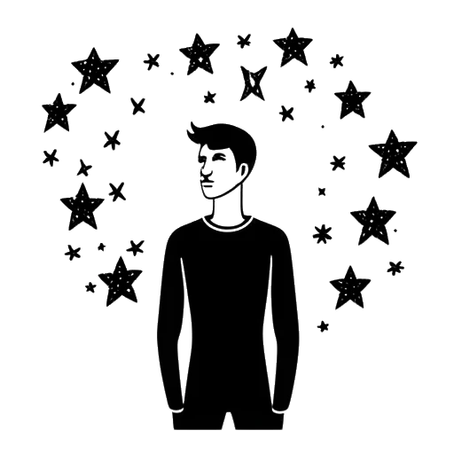 Lijnkunst tekening van een man omringd door zes sterren, die Adin Ross' 6 miljoen volgers op Twitch vertegenwoordigt, op een witte achtergrond