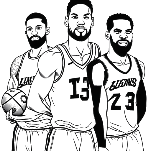 Dessin en ligne de trois joueurs de basket, représentant Adin Ross, Bronny James et LeBron James, sur fond blanc