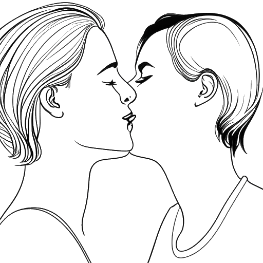 Dibujo de arte lineal de dos personas besándose, representando el momento viral de Adin Ross y Corinna Kopf durante un streaming en vivo, en un fondo blanco