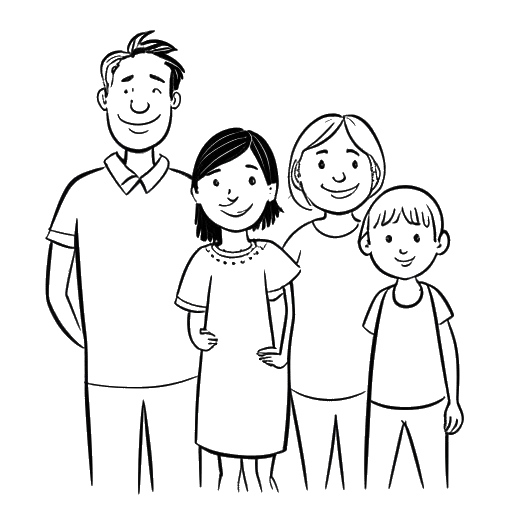 Line art drawing of a family, representing Adin Ross and his older sister, with their Jewish parents, on a white background