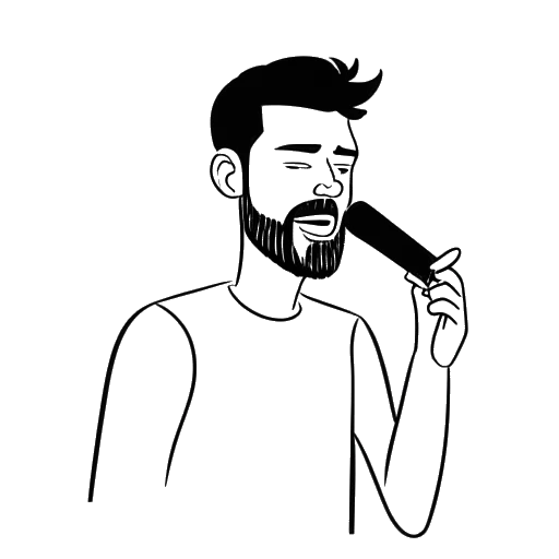 Lijnkunst tekening van een man met een microfoon en een hashtag-symbool, die de #FreeAdin-beweging onder de volgers van Adin Ross vertegenwoordigt, op een witte achtergrond