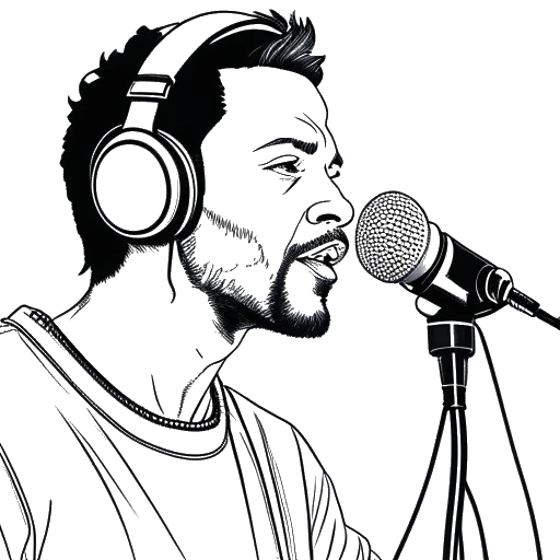 Strichzeichnung eines Mannes mit einem Mikrofon und Kopfhörern, was Adin Ross' Beziehungen zu Hip-Hop-Künstlern und seinen Anklang bei Musikfans repräsentiert, auf einem weißen Hintergrund