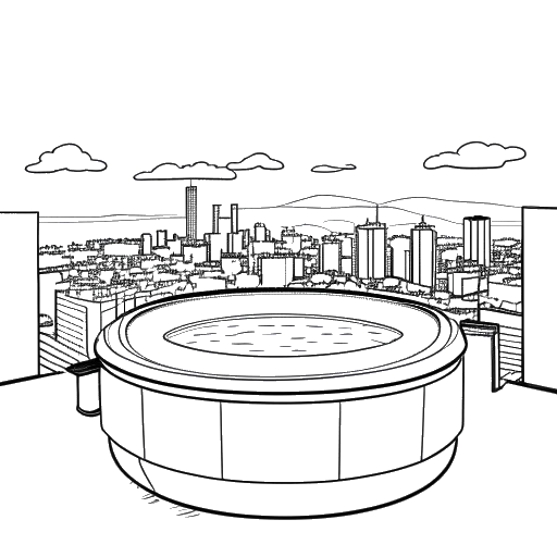 Disegno in stile line art di una vasca idromassaggio con uno skyline sullo sfondo, rappresentante i 'hot tub streams' di Adin Ross a Los Angeles, su sfondo bianco