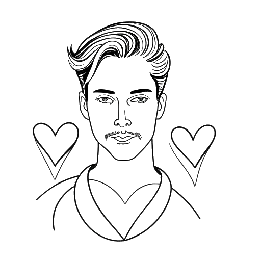 Dibujo de arte lineal de un hombre con tres corazones, representando las conexiones románticas de Adin Ross con Stacey, Pamibaby y Sommer Ray, en un fondo blanco