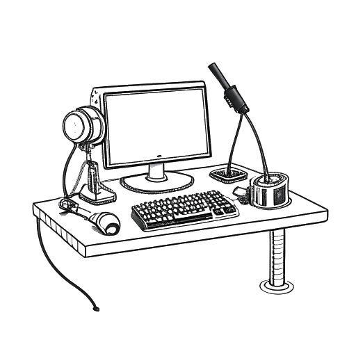 Lijnkunst tekening van een gaming opstelling met een microfoon, die Adin Ross' streamingcarrière vertegenwoordigt, op een witte achtergrond