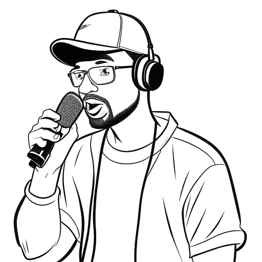 Line art drawing of a man with a microphone, rapping, and holding a gaming controller, representing Adin Ross' 'sus' humor and freestyle rapping during streams, on a white background
