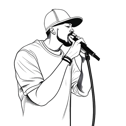 Desenho de arte linear de um homem com um microfone, representando a colaboração de Adin Ross com Tee Grizzley, em um fundo branco