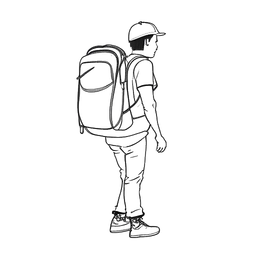 Dibujo de arte lineal de un hombre con una mochila, representando el viaje de Adin Ross de Boca Ratón a Three Rivers, en un fondo blanco
