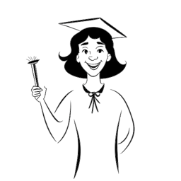 Dibujo lineal de una mujer que representa a Kayla Nicole, mostrando ojos distintivos y una sonrisa vibrante, sujetando con confianza su diploma, simbolizando sus logros educativos.