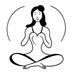 Desenho em arte linear de uma mulher representando Kayla Nicole em uma pose de ioga com uma nuvem de diálogo contendo um coração, retratando sua dedicação à defesa da saúde e comunicação autêntica.